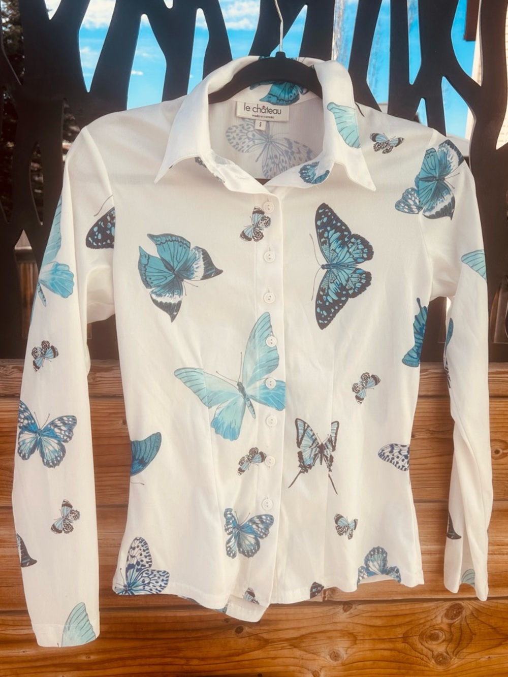 Vintage Le Chateau White Blouse with Blue Butterfly Print